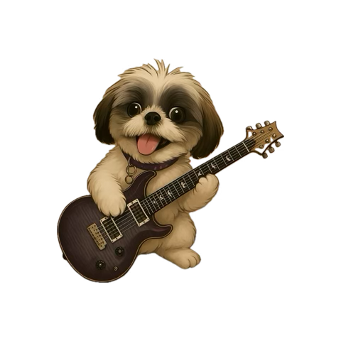 Noodle Jams mascot: a small dog holding a purple guitar beside a keyboard