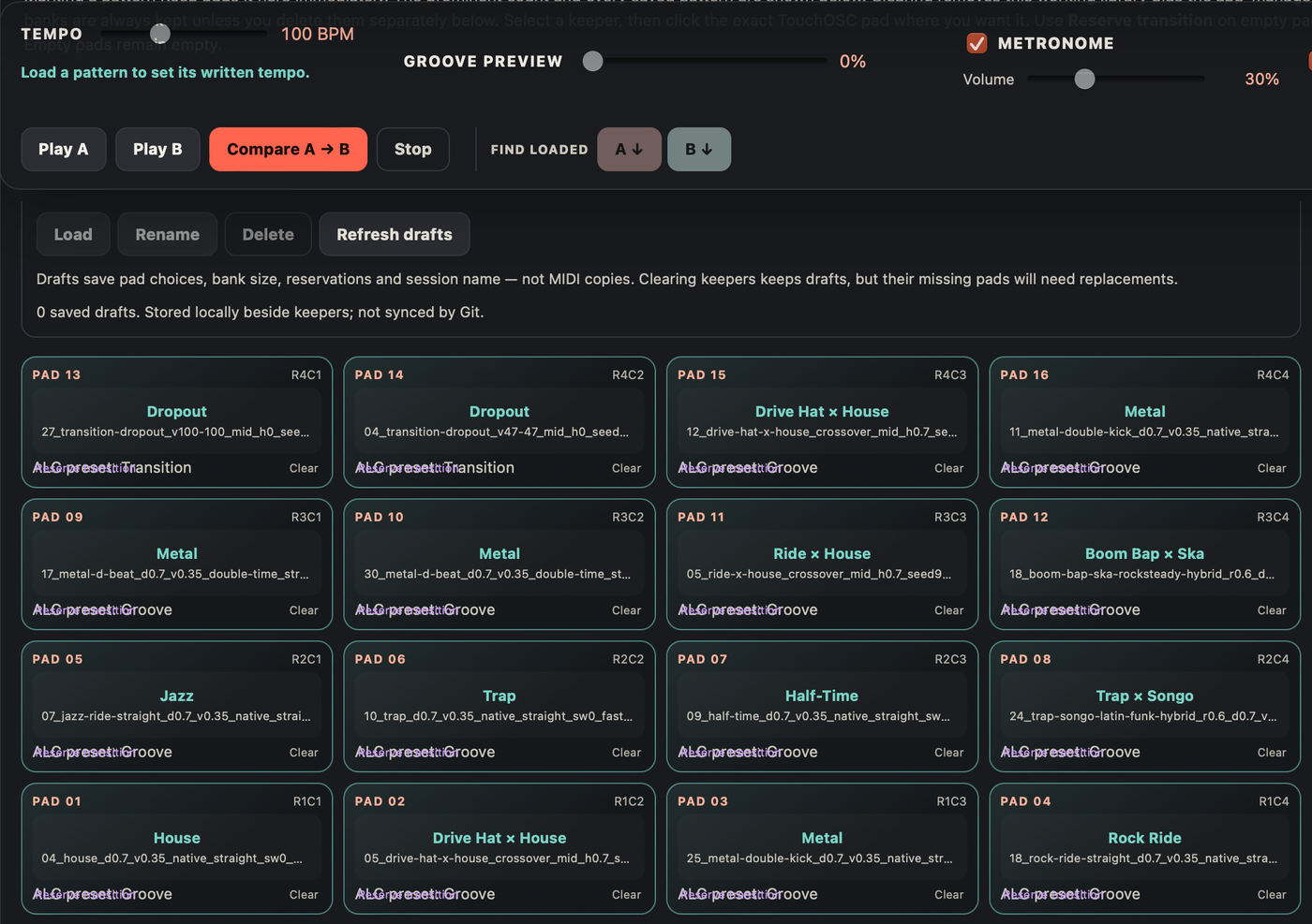 Beat Breeder interface showing sixteen genre-pattern pads with tempo and A/B audition controls.