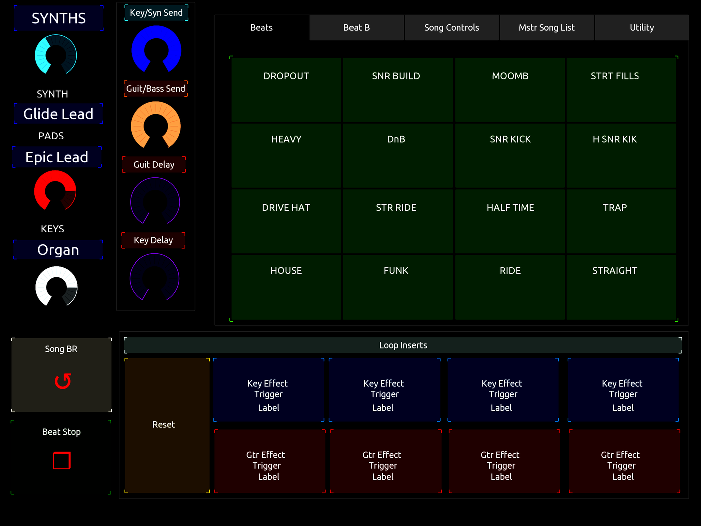 Custom TouchOSC layout showing named drum-pattern pads, synth selections, and instrument-send controls.